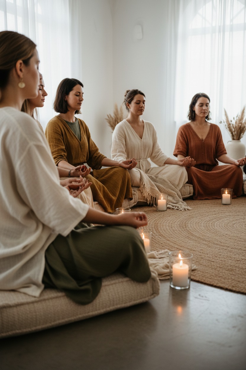 Five women sit in a circle on floor cushions in a bright room, meditating with lit candles placed on the rug between them.