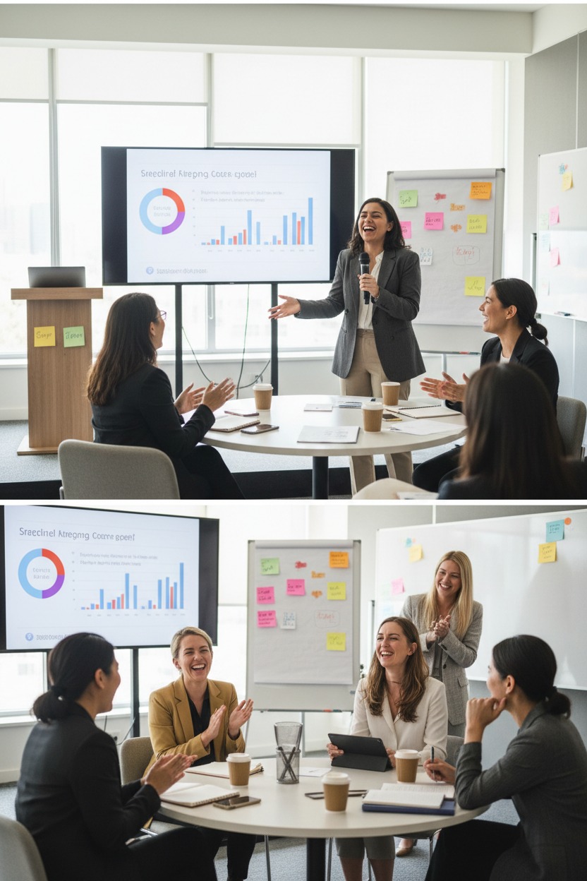 A group of professional women in a bright office setting laugh and applaud during a business presentation featuring charts on a large screen.